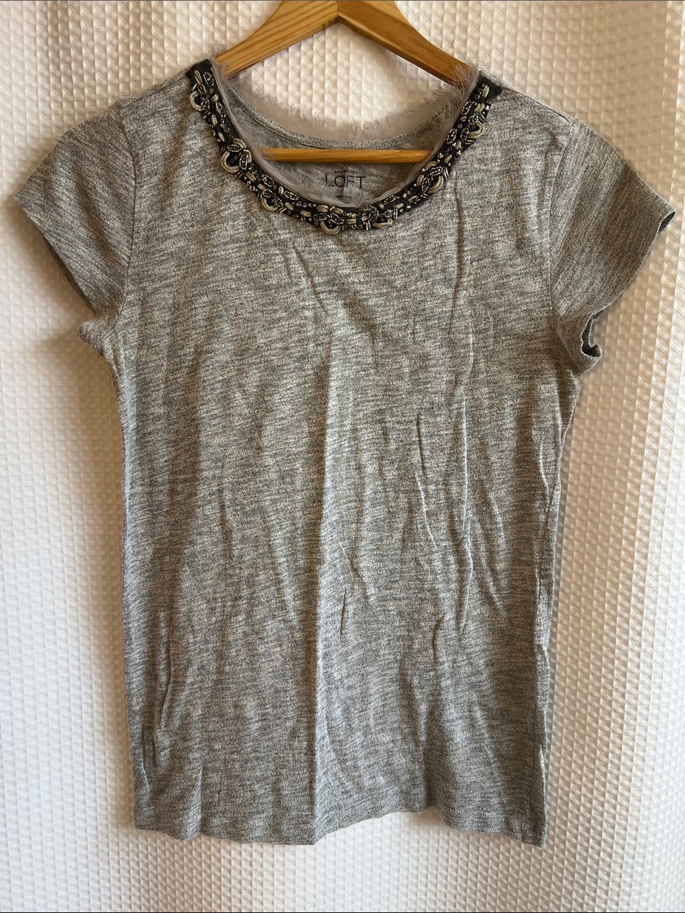 LOFT Gray Short-Sleeve Tee with Beaded Neckline—726-009